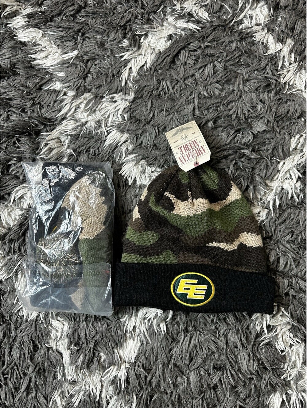New With Tags American Needle Camo Cuffed Beanie Edmonton Elks Green EE Logo